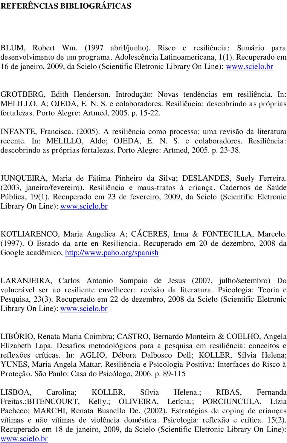 Resiliência: descobrindo as próprias fortalezas. Porto Alegre: Artmed, 2005. p. 15-22. INFANTE, Francisca. (2005). A resiliência como processo: uma revisão da literatura recente.