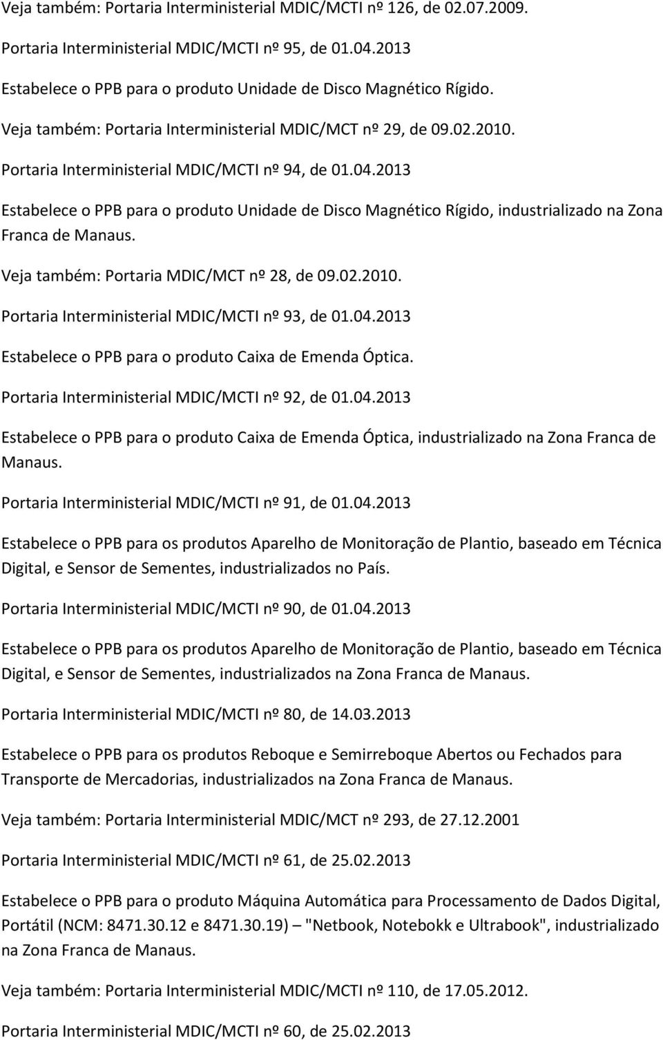 2013 Estabelece o PPB para o produto Unidade de Disco Magnético Rígido, industrializado na Zona Franca de Veja também: Portaria MDIC/MCT nº 28, de 09.02.2010.