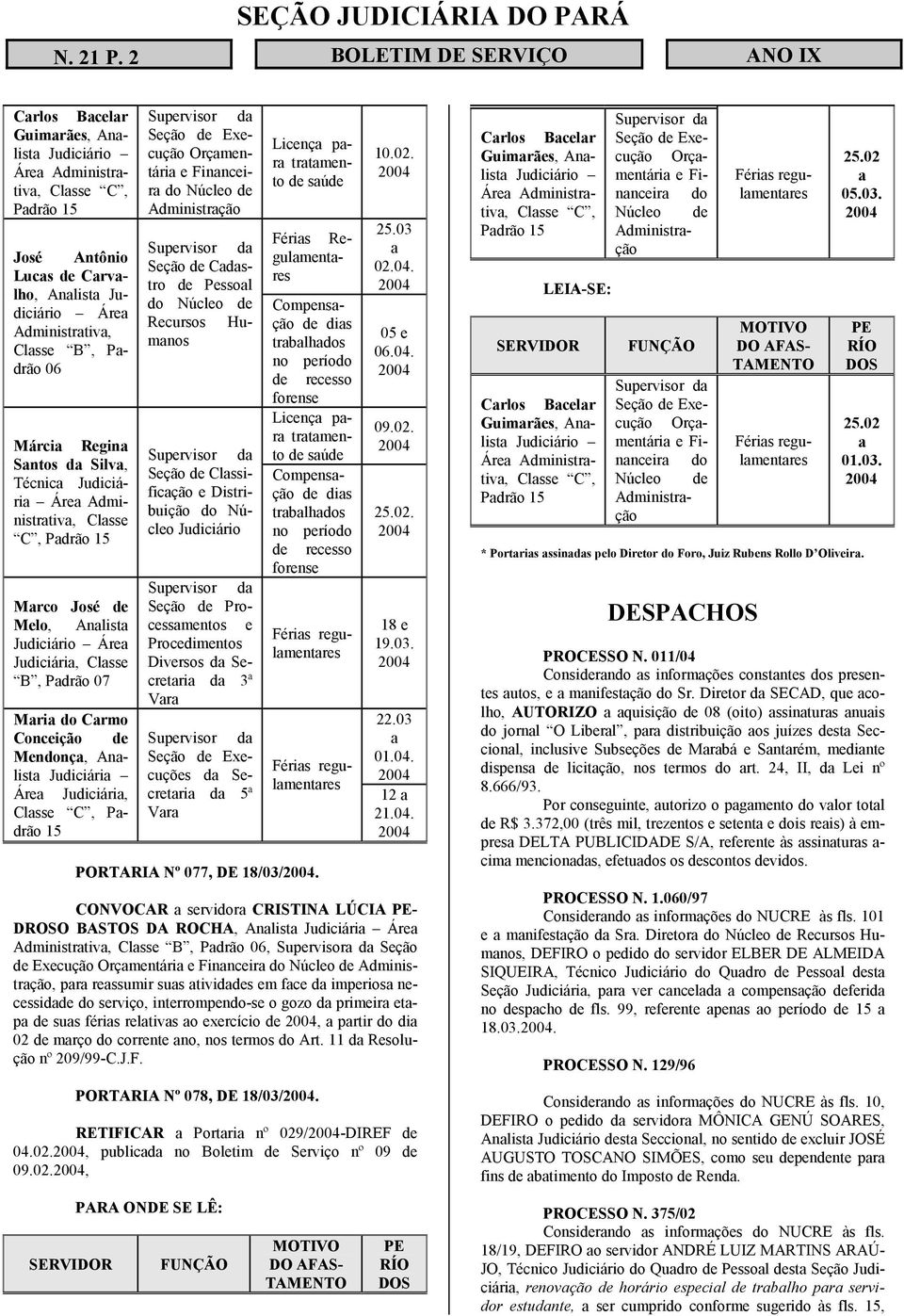 Administrtiv, Clsse C, Mrco José de Melo, Anlist Áre Judiciári, Clsse B, Pdrão 07 Mri do Crmo Conceição de Mendonç, Anlist Judiciári Áre Judiciári, Clsse C, Pdrão 15 Orçmentári e Finnceir Seção de