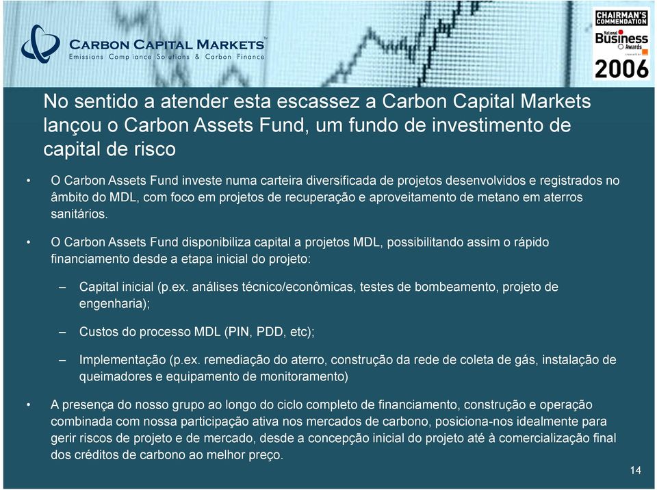 O Carbon Assets Fund disponibiliza capital a projetos MDL, possibilitando assim o rápido financiamento desde a etapa inicial do projeto: Capital inicial (p.ex.