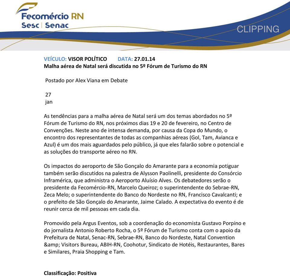 Turismo do RN, nos próximos dias 19 e 20 de fevereiro, no Centro de Convenções.