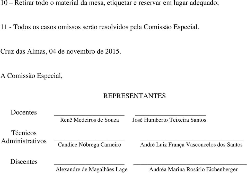 A Comissão Especial, REPRESENTANTES Docentes Técnicos Administrativos Discentes Renê Medeiros de Souza Candice