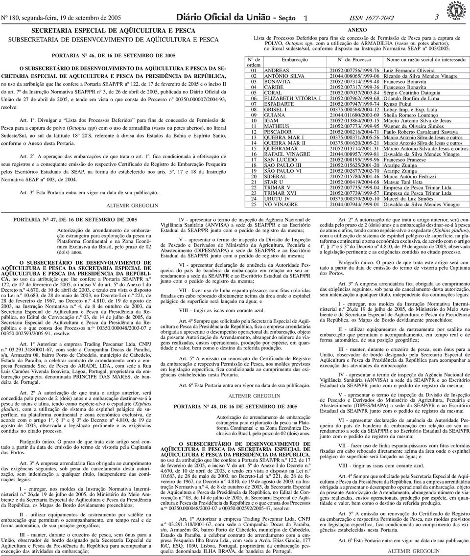 16 DE SETEMBRO DE 2005 O SUBSECRETÁRIO DE DESENVOLVIMENTO DA AQÜICULTURA E PESCA DA SE- CRETARIA ESPECIAL DE AQUICULTURA E PESCA DA PRESIDÊNCIA DA REPÚBLICA, no uso da atribuição que lhe confere a