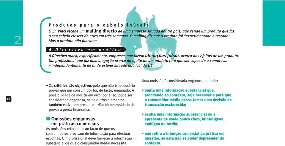 A Directiva em prática A Directiva ataca, especificamente, empresas que fazem alegações falsas acerca dos efeitos de um produto.