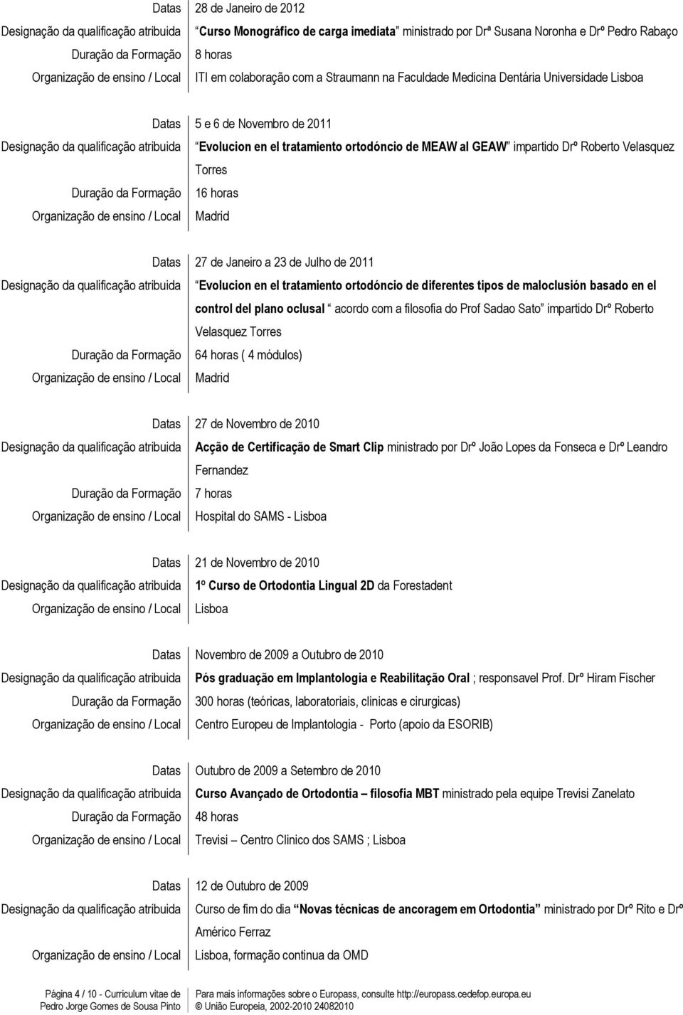 GEAW impartido Drº Roberto Velasquez Torres Duração da Formação 16 horas Madrid Datas 27 de Janeiro a 23 de Julho de 2011 Designação da qualificação atribuida Evolucion en el tratamiento ortodóncio