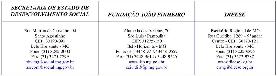 31275-150 Belo Horizonte - MG Fone: (31) 3448-9719/ 3448-9557 Fax: (31) 3448-9614 / 3448-9546 www.fjp.mg.gov.