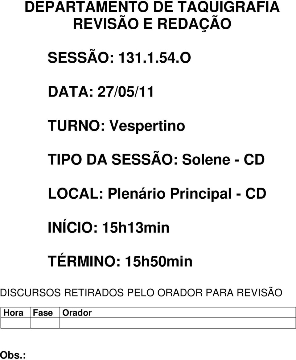 LOCAL: Plenário Principal - CD INÍCIO: 15h13min TÉRMINO: