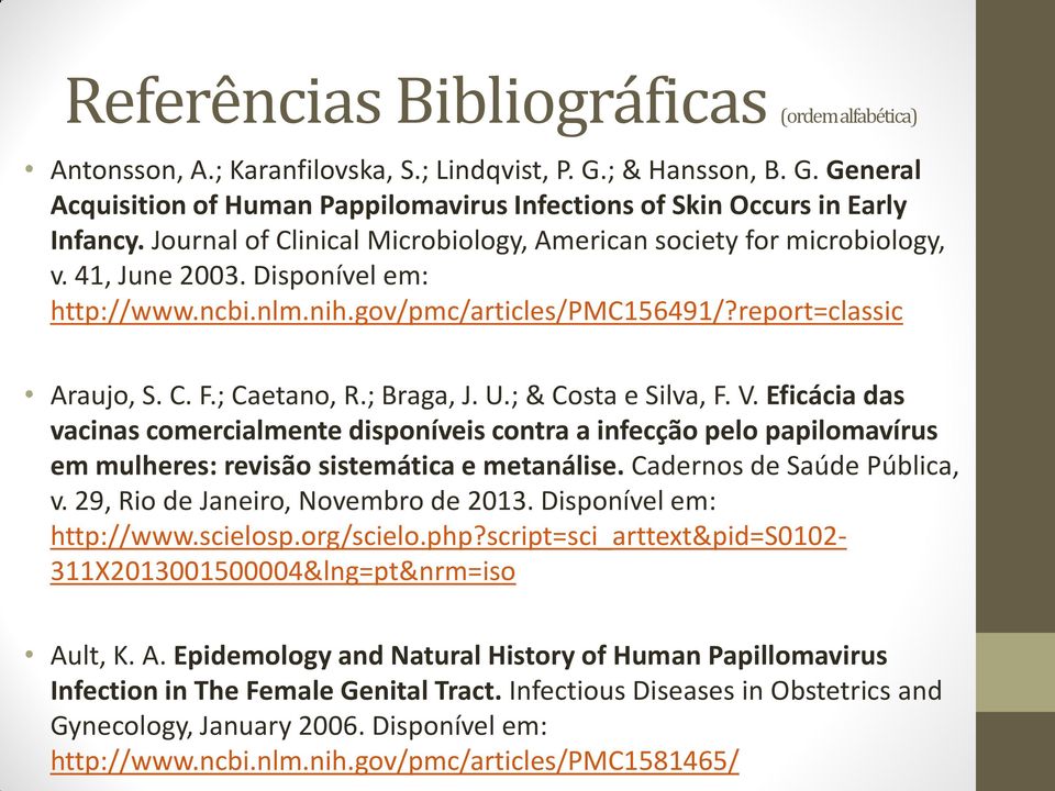 ; Braga, J. U.; & Costa e Silva, F. V. Eficácia das vacinas comercialmente disponíveis contra a infecção pelo papilomavírus em mulheres: revisão sistemática e metanálise. Cadernos de Saúde Pública, v.