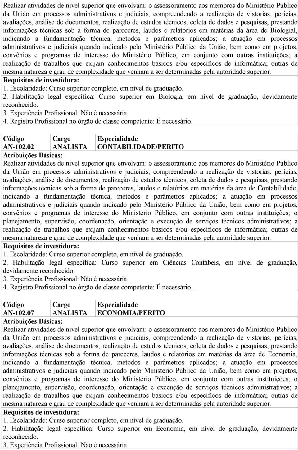 02 ANALISTA CONTABILIDADE/PERITO informações técnicas sob a forma de pareceres, laudos e relatórios em matérias da área de Contabilidade, indicando a fundamentação técnica, métodos e parâmetros