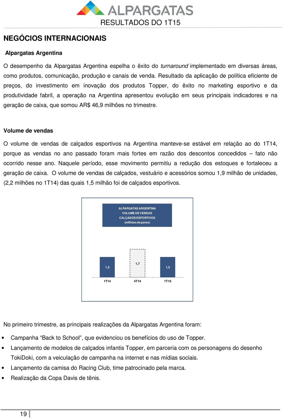 evolução em seus principais indicadores e na geração de caixa, que somou AR$ 46,9 milhões no trimestre.