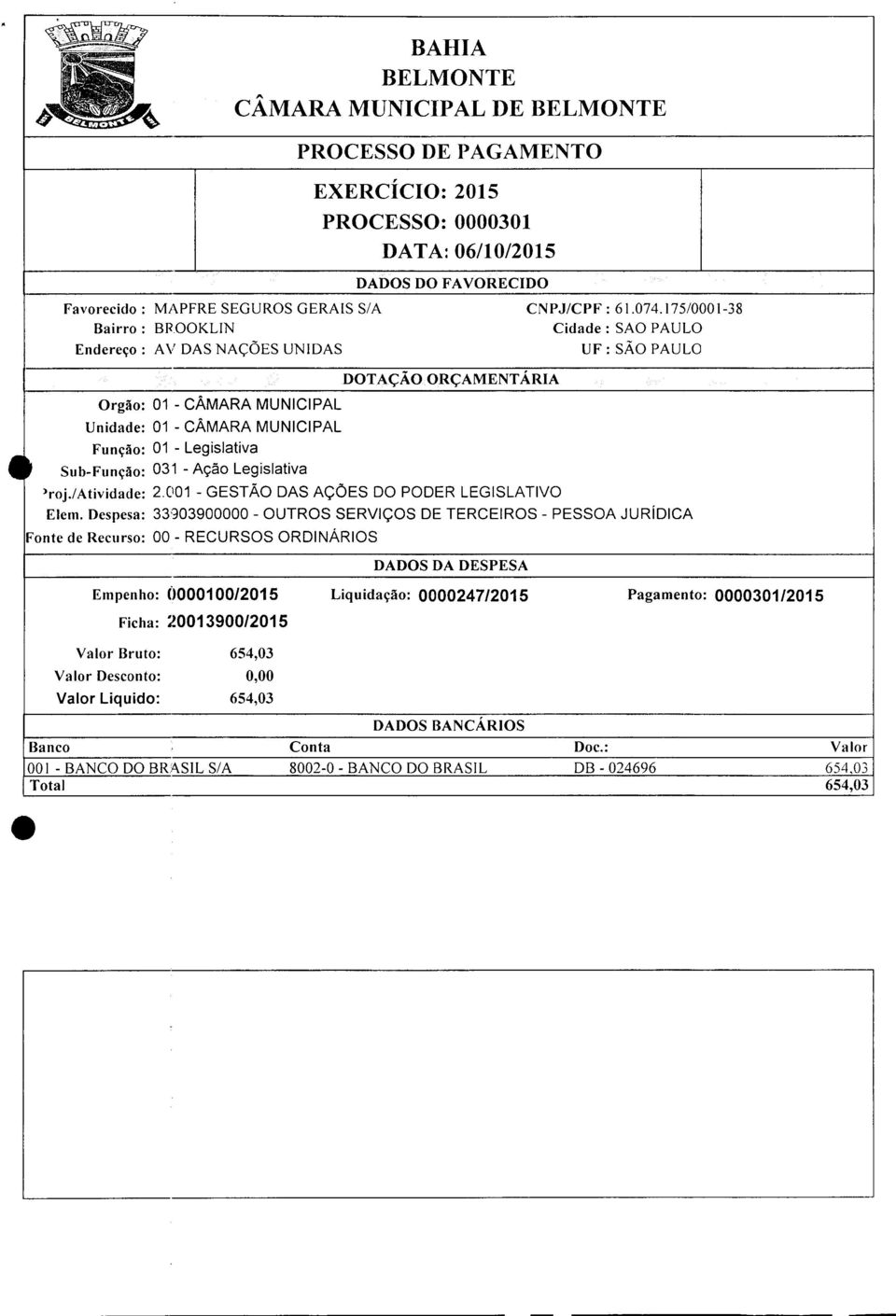 (101 - GESTÃO DAS AÇÕES DO PODER LEGISLATIVO CNPJ/CPF: 61.074.175/0001-38 Cidade: SAO PAULO UF: SÃO PAULO Elem.