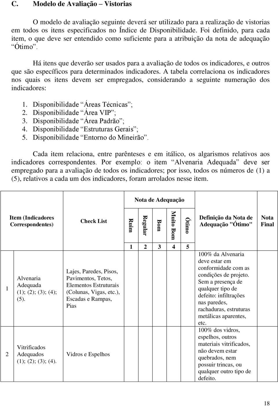 Foi definido, para cada item, o que deve ser entendido como suficiente para a atribuição da nota de adequação Ótimo.