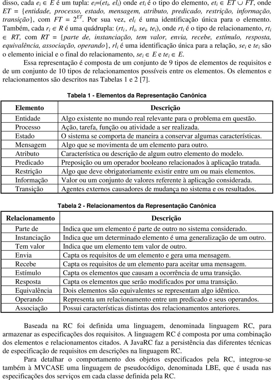 Também, cada r i R é uma quádrupla: (rt i, rl i, se i, te i ), onde rt i é o tipo de relacionamento, rt i RT, com RT = {parte de, instanciação, tem valor, envia, recebe, estímulo, resposta,