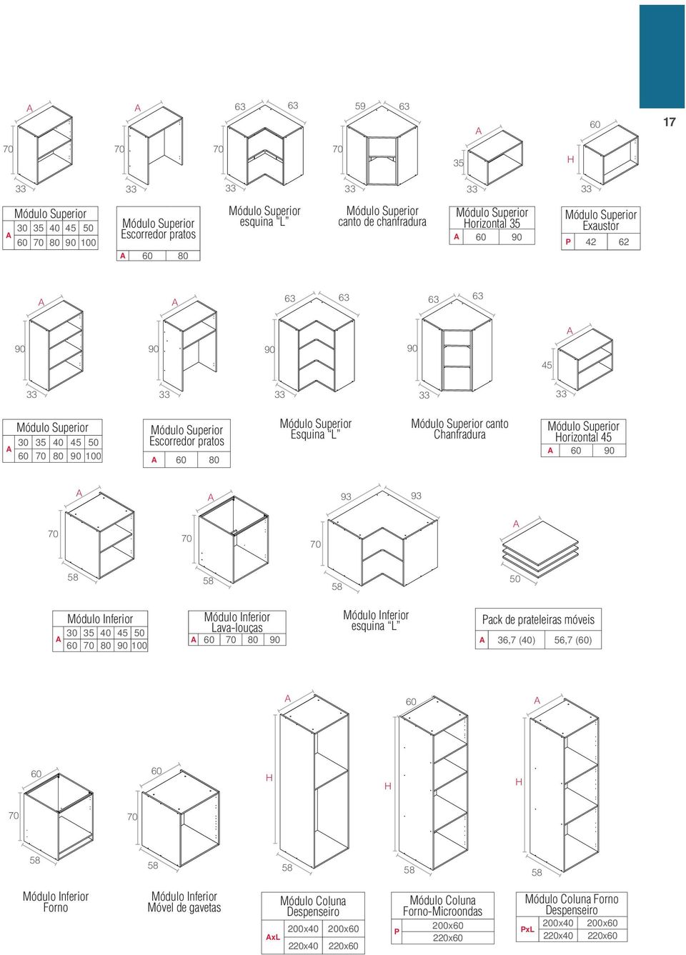 60 80 90 100 Lava-louças 60 80 90 esquina L Pack de prateleiras móveis 36,7 (40) 56,7 (60) 60 60 60 H H H Forno Móvel de gavetas xl Módulo Coluna