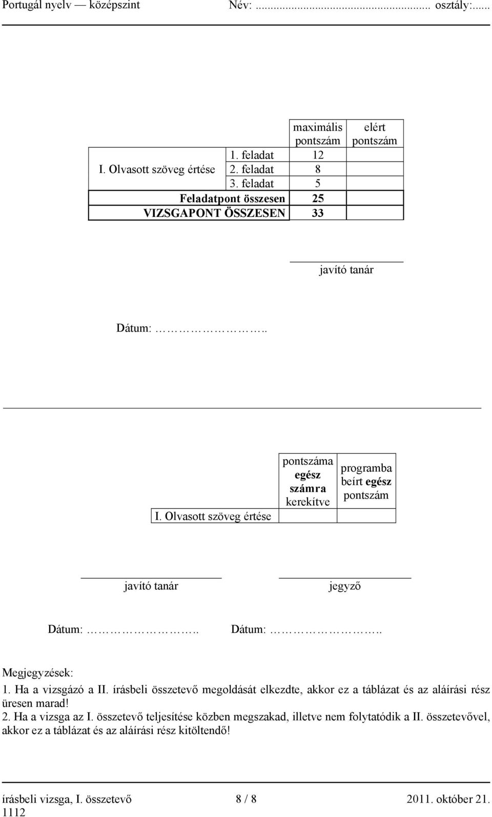 Olvasott szöveg értése pontszáma egész számra kerekítve programba beírt egész pontszám javító tanár jegyző Dátum:.. Dátum:.. Megjegyzések: 1.