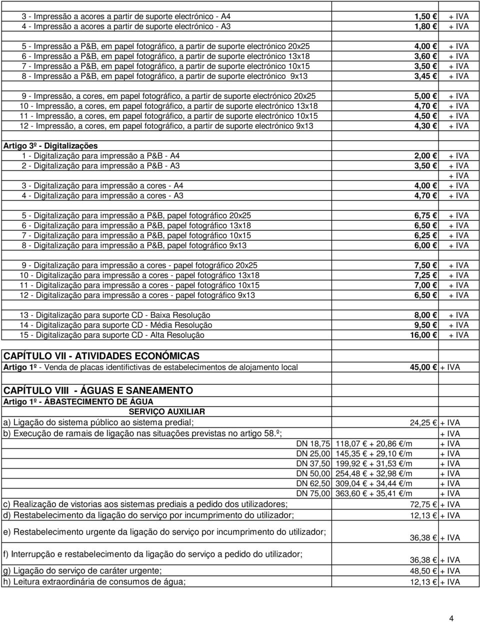 Impressão a P&B, em papel fotográfico, a partir de suporte electrónico 9x13 3,45 9 - Impressão, a cores, em papel fotográfico, a partir de suporte electrónico 20x25 5,00 10 - Impressão, a cores, em