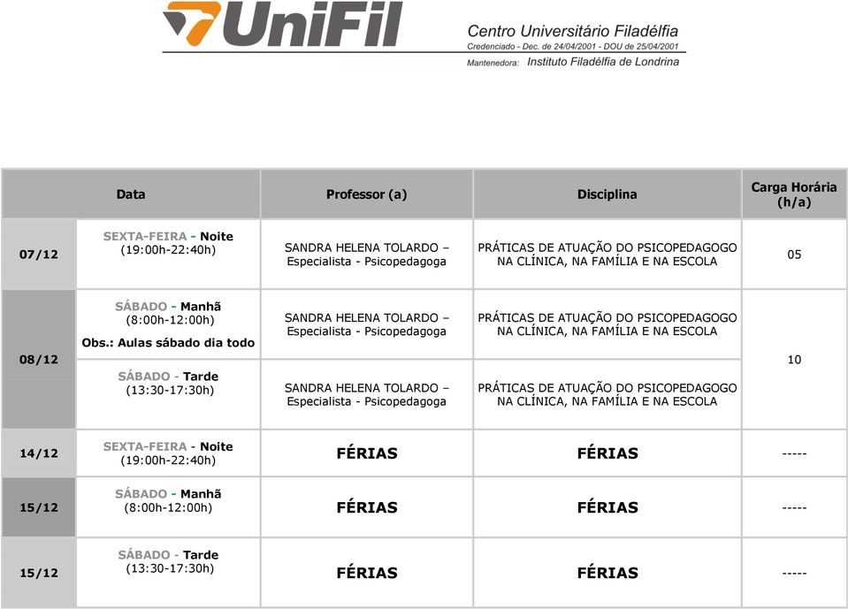 : Aulas sábado dia todo SANDRA HELENA TOLARDO Especialista - Psicopedagoga SANDRA HELENA TOLARDO Especialista -