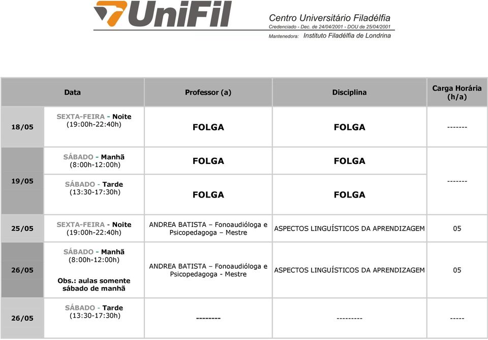 Obs.: aulas somente sábado de manhã ANDREA BATISTA Fonoaudióloga e