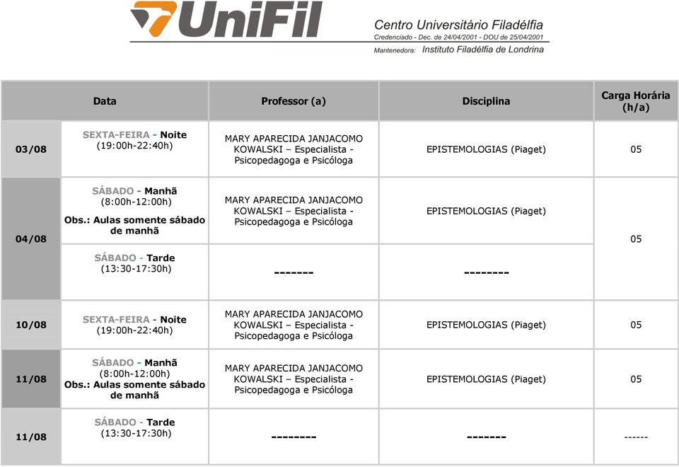 ------- -------- 10/08 MARY APARECIDA JANJACOMO KOWALSKI Especialista - Psicopedagoga e Psicóloga EPISTEMOLOGIAS (Piaget) 11/08 Obs.