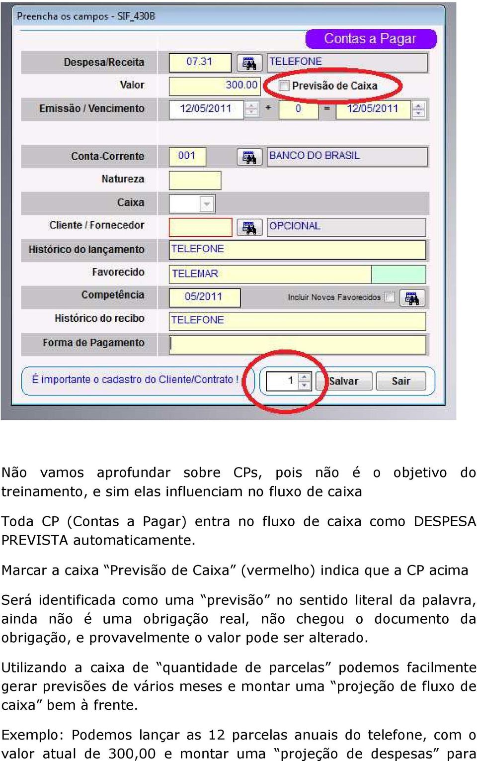 Marcar a caixa Previsão de Caixa (vermelho) indica que a CP acima Será identificada como uma previsão no sentido literal da palavra, ainda não é uma obrigação real, não chegou o