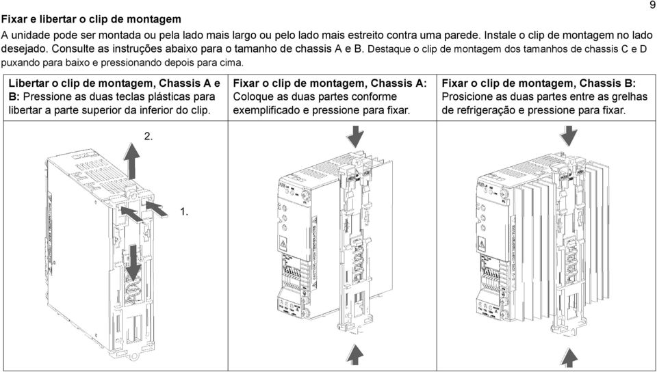 Destaque o clip de montagem dos tamanhos de chassis C e D puxando para baixo e pressionando depois para cima.