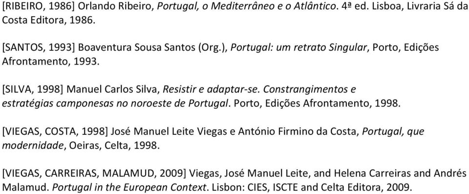 Constrangimentos e estratégias camponesas no noroeste de Portugal. Porto, Edições Afrontamento, 1998.