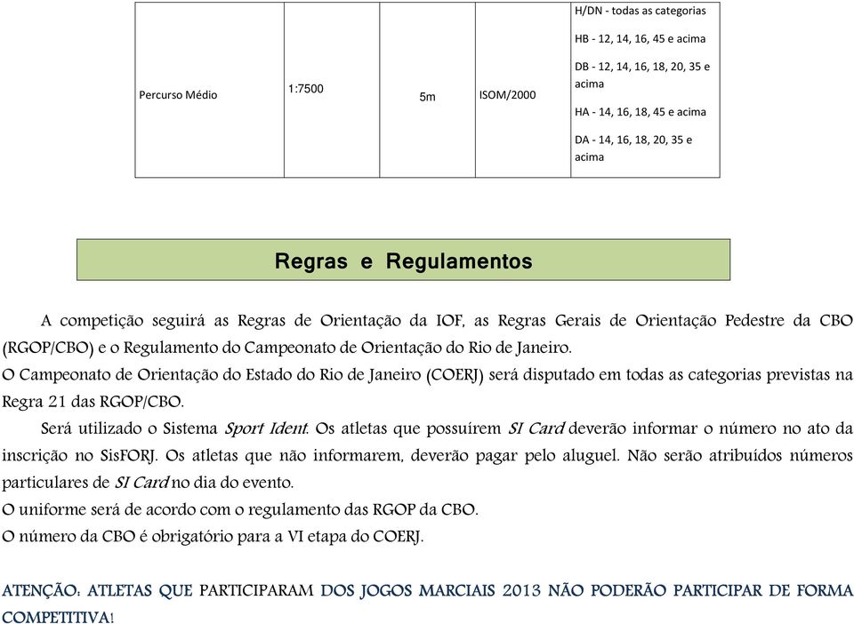 O Campeonato de Orientação do Estado do Rio de Janeiro (COERJ) será disputado em todas as categorias previstas na Regra 21 das RGOP/CBO. Será utilizado o Sistema Sport Ident.