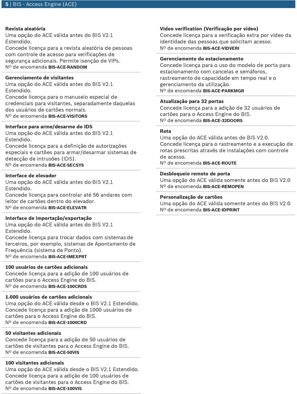 Nº de encomenda BIS-ACE-VISITORS Interface para arme/desarme do IDS Concede licença para a definição de atorizações especiais e cartões para armar/desarmar sistemas de detecção de intrsões (IDS).