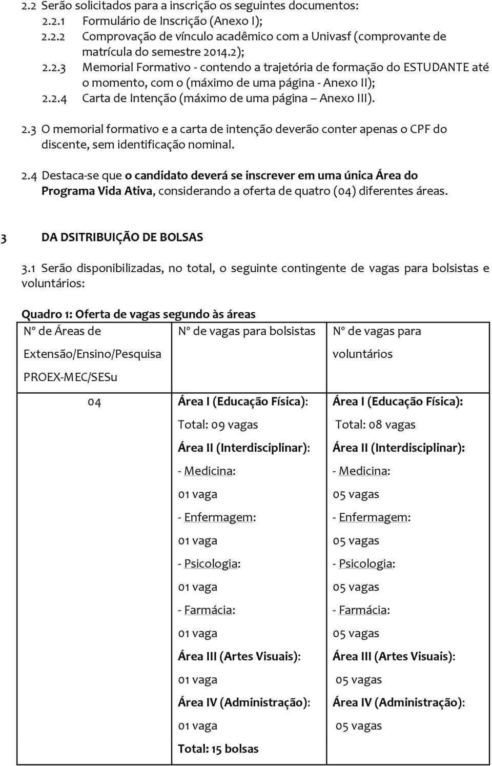 2.4 Destaca-se que o candidato deverá se inscrever em uma única Área do Programa Vida Ativa, considerando a oferta de quatro (04) diferentes áreas. 3 DA DSITRIBUIÇÃO DE BOLSAS 3.