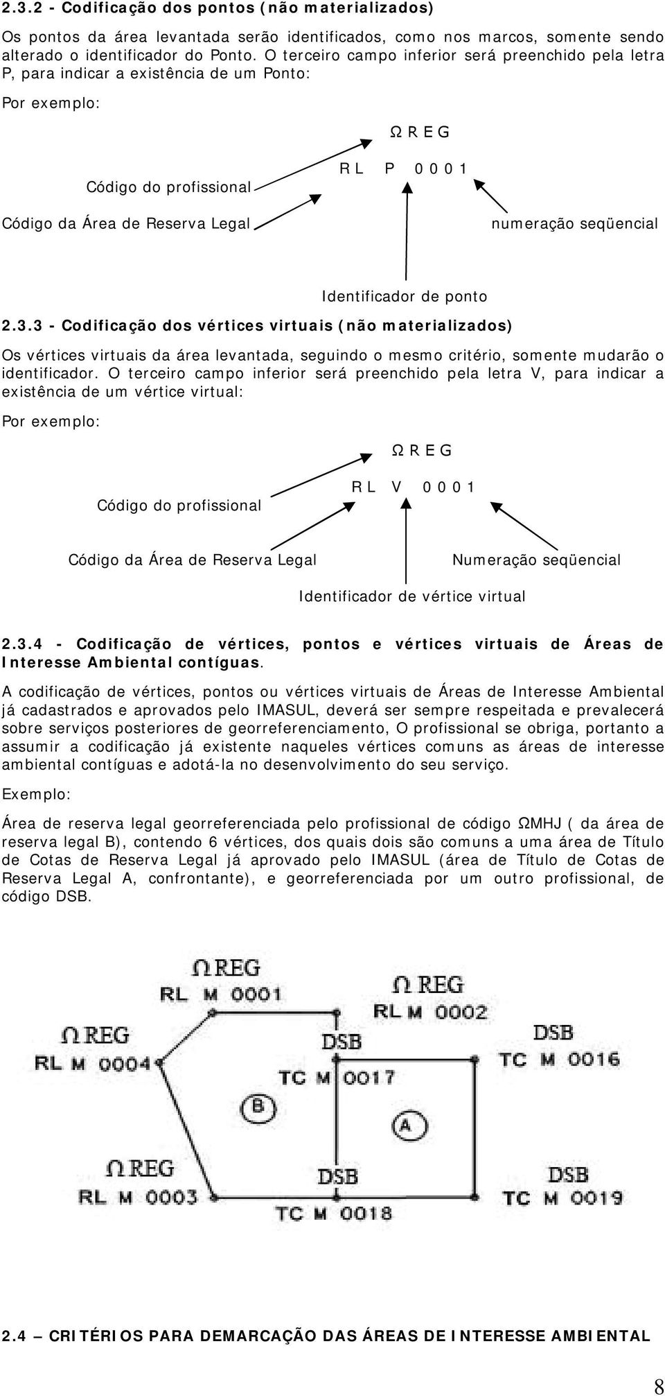 seqüencial Identificador de ponto 2.3.3 - Codificação dos vértices virtuais (não materializados) Os vértices virtuais da área levantada, seguindo o mesmo critério, somente mudarão o identificador.