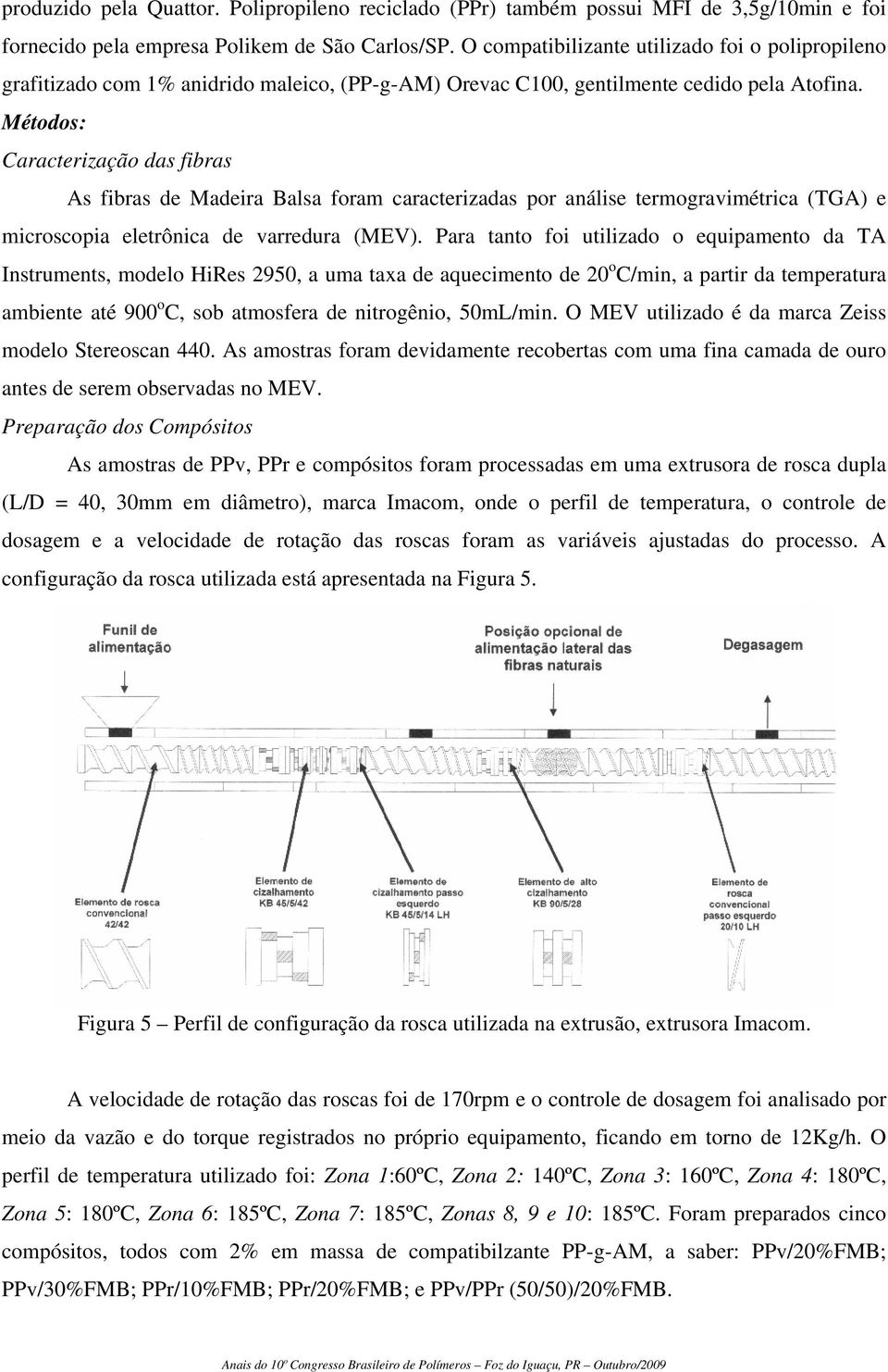 Métodos: Caracterização das fibras As fibras de Madeira Balsa foram caracterizadas por análise termogravimétrica (TGA) e microscopia eletrônica de varredura (MEV).