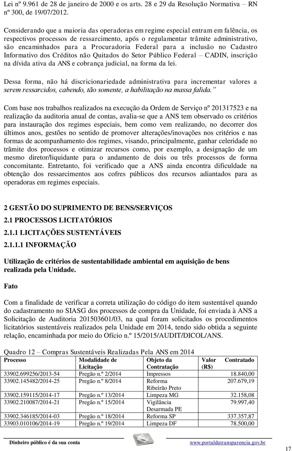 Procuradoria Federal para a inclusão no Cadastro Informativo dos Créditos não Quitados do Setor Público Federal CADIN, inscrição na dívida ativa da ANS e cobrança judicial, na forma da lei.