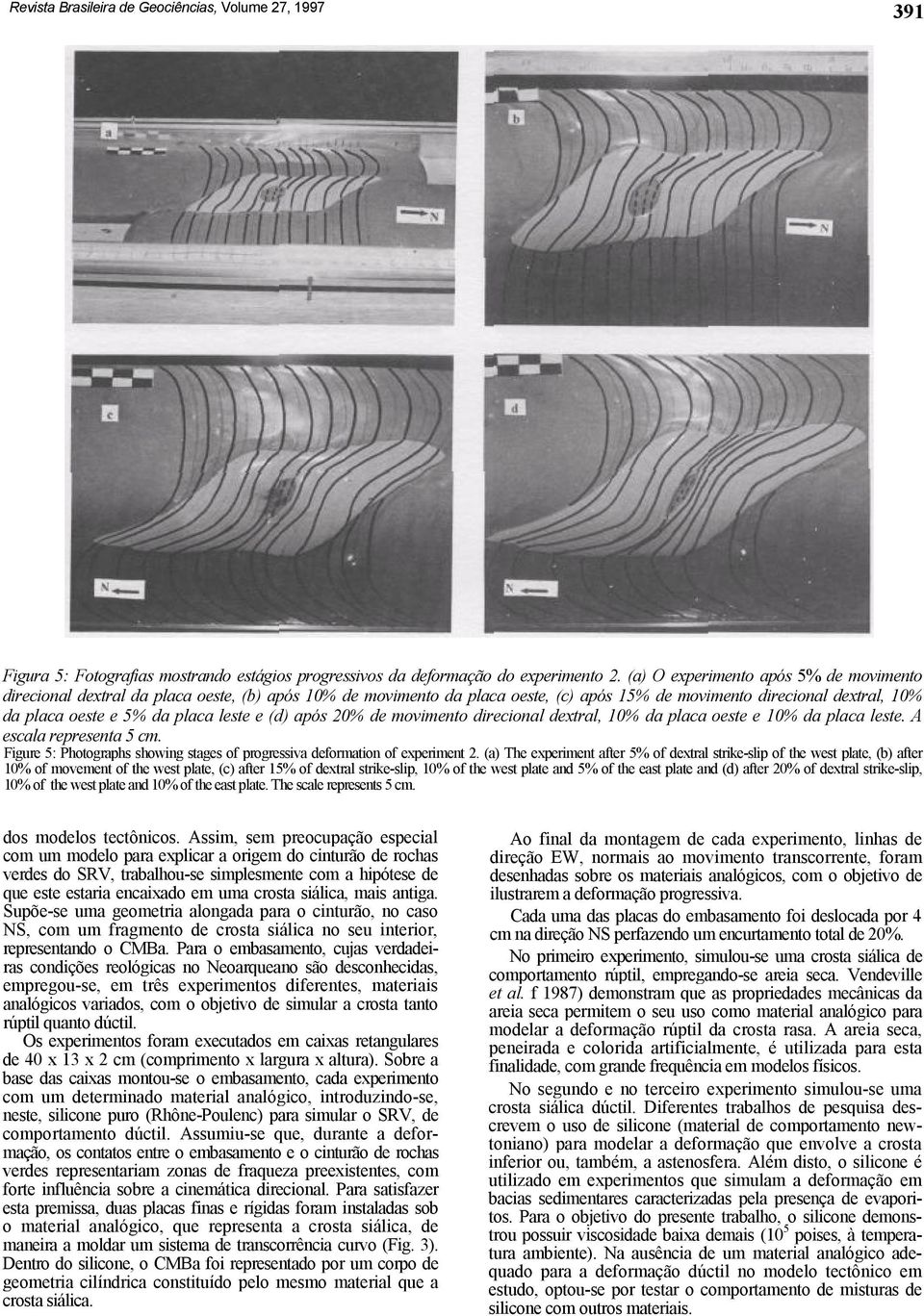 leste e (d) após 20% de movimento direcional dextral, 10% da placa oeste e 10% da placa leste. A escala representa 5 cm.