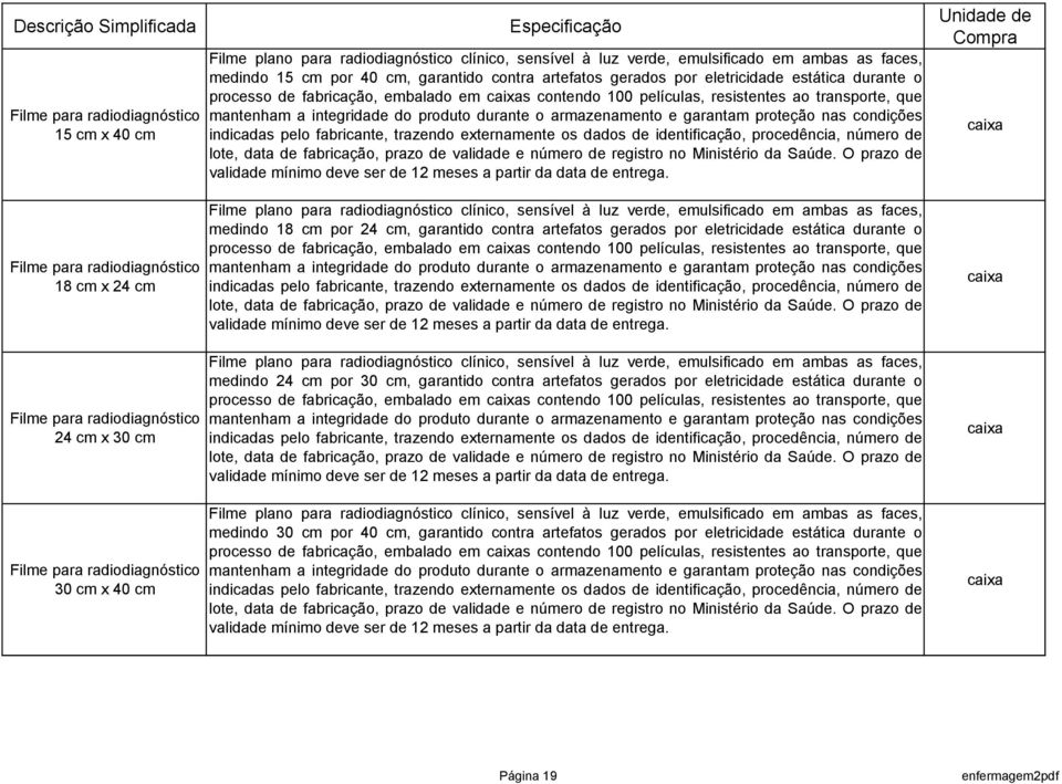 embalado em caixas contendo 100 películas, resistentes ao transporte, que mantenham a integridade do produto durante o armazenamento e garantam proteção nas condições indicadas pelo fabricante,