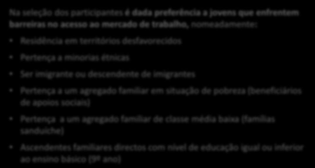 participam 30 jovens Na seleção dos participantes é dada preferência a jovens que enfrentem barreiras no acesso ao mercado de trabalho, nomeadamente: Residência em territórios desfavorecidos Pertença