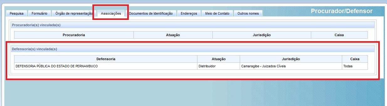 Na nova aba Associações é possível verificar exatamente onde defensor está atuando, inclusive a quais caixas ele foi associado.