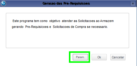 Procedimentos para efetuar a geração de uma pré-requisição ao armazém: 1. Em Geração das Pré-Requisições, marque os itens desejados. 2. Selecione a opção Gera. 3.