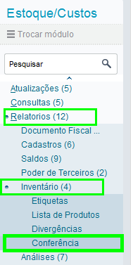 Conferência dos Itens do Inventário Apresenta as quantidades em saldo e as quantidades inventariadas, calculando a diferença entre as mesmas.