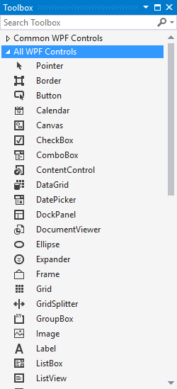 Ao abrir o Toolbox, expanda o conteúdo do All WPF Controls. Nele estão os todos controles visuais que podemos adicionar. Basta arrastar e soltá-los para dentro do editor da MainWindow.