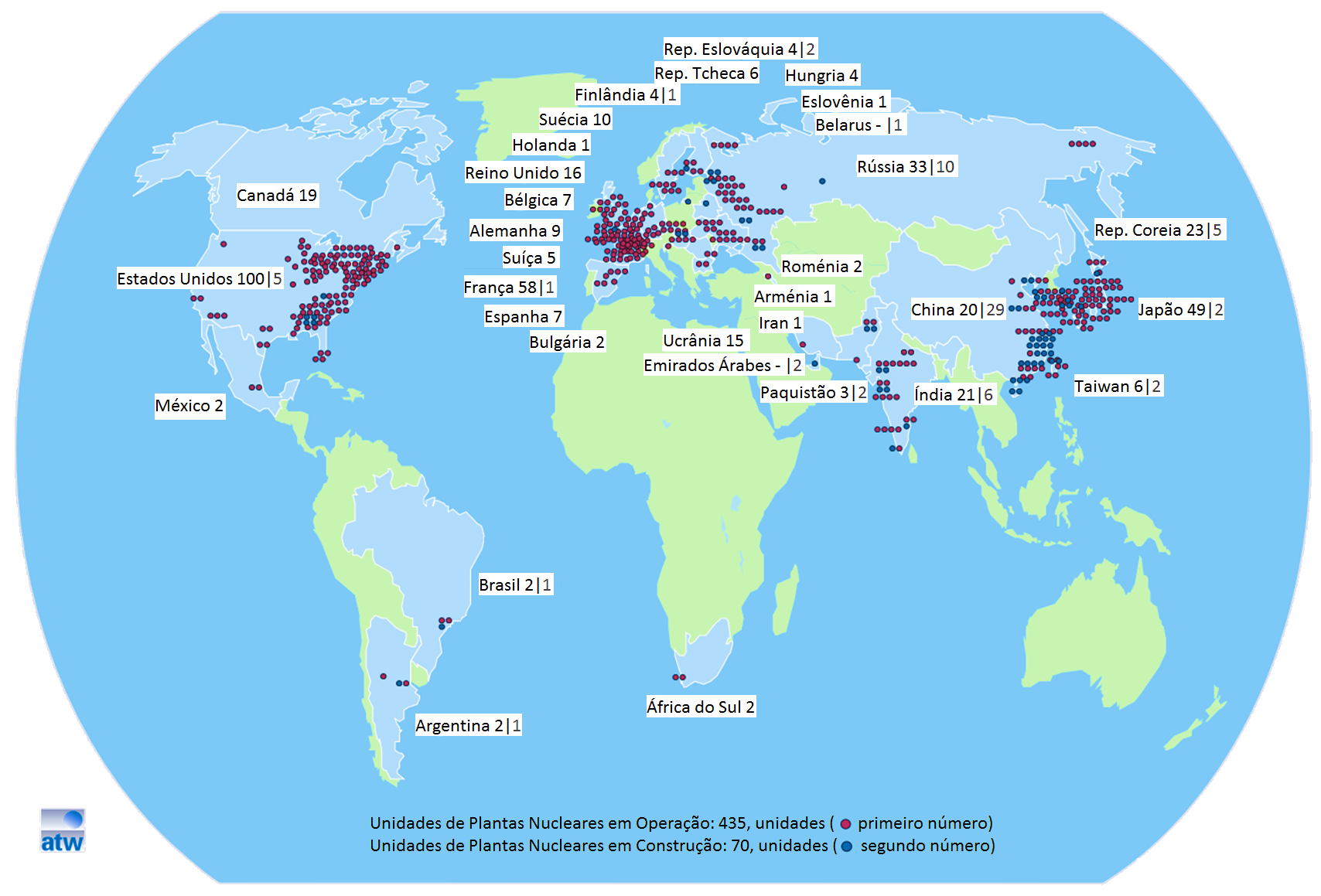 Figura 2.9 Quantificação e distribuição geográfica mundial dos reatores Fonte: Modificado de ATW (2014).