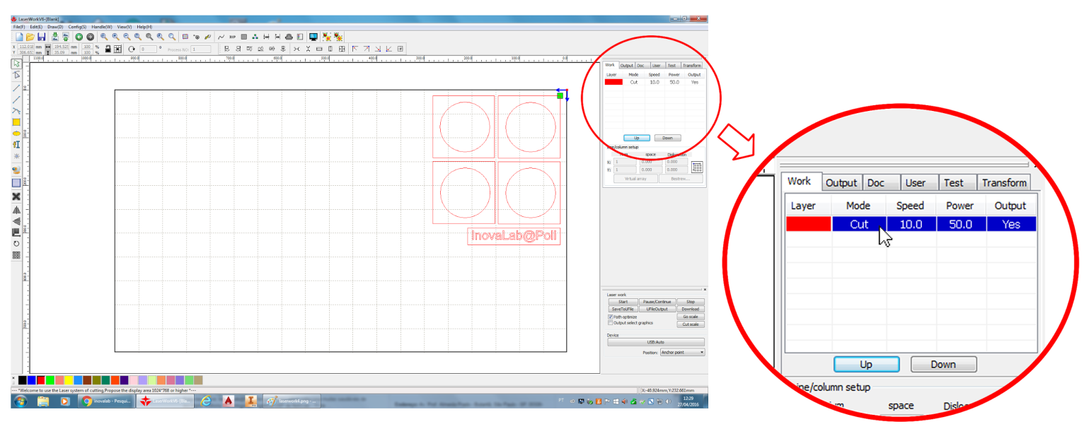 2. Converção do arquivo para upload na máquina através do software Laser Work Para enviar o arquivo de desenho à cortadora laser é necessário convertê-lo utilizando software específico e salvá-lo em