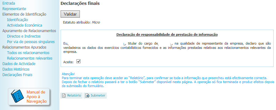 Depois de fechar a janela do relatório, estando todos os dados corretamente preenchidos, a empresa deve aceitar a