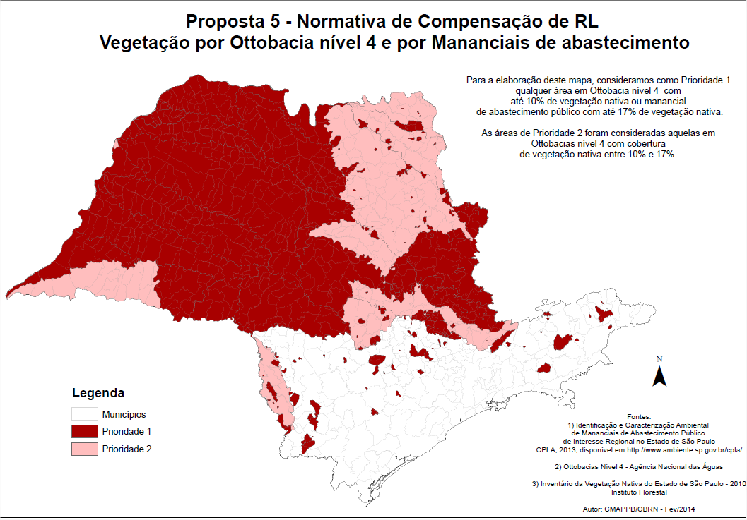 Diretrizes para Regulamentação Compensação de RL dentro do Estado Prioridade 1: Áreas de Ottobacias nível 4 com até 10% de vegetação