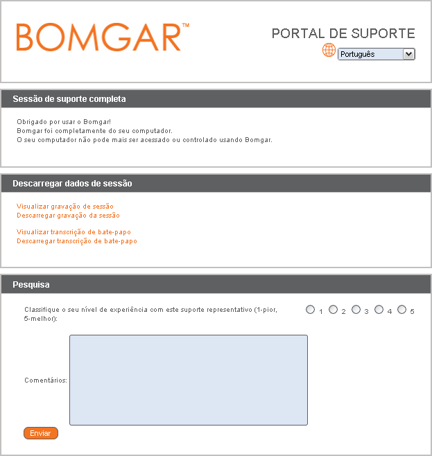 Pesquisa de saída do cliente Depois da sessão, e se um Jump client não estiver instalado para acesso posterior, o seu cliente será notificado que a Bomgar foi desinstalada.