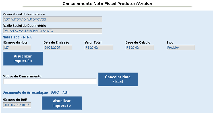 Cancelamento de Nota Fiscal Produtor/Avulsa-e Esta funcionalidade será executada pelos funcionários da SEFAZ-MT que forem designados para esta função nos Postos Fiscais ou AGENFAs.