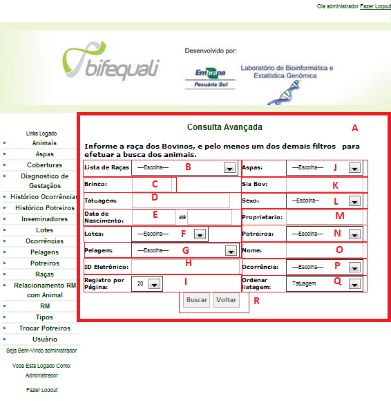 Consulta Avançada de Animais A: Formulário para consulta de animais. B: Campo para listar raças cadastro na tabela de raças, pode ser escolhido uma raça para consultar.