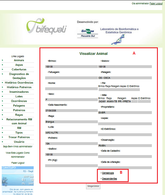 Visualizar Animal A: Formulário que irá exibir as informações sobre o