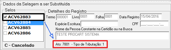 Ao clicar sobre o selo aparecerá a descrição do ato para o qual ele foi utilizado Os dados do registro que recebeu esta selagem.