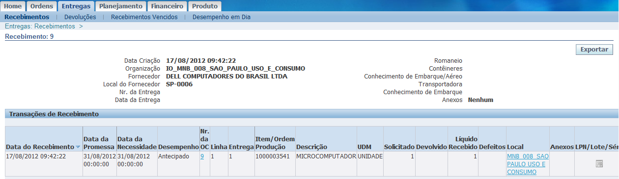 Observe que nas entregas também há subdivisões, a pesquisa pode ser feita através do número do documento, da data de entrega, do número do recebimento, entre outros.