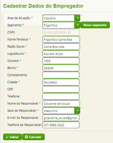 Se o Empregador for Pessoa Física, os campos para edição de dados, referentes ao Empregador Pessoa Física, são ativados para preenchimento ou atualização: Nome completo, Sexo,